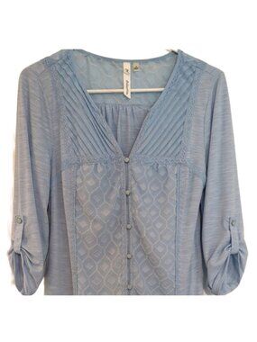 NY Collection Boho Peasant Top Roll-Up Sleeve Size M Blue Excellent Condition